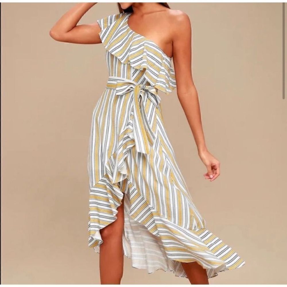 High Tide‎ Yellow Striped One Shoulder Midi Dress | S